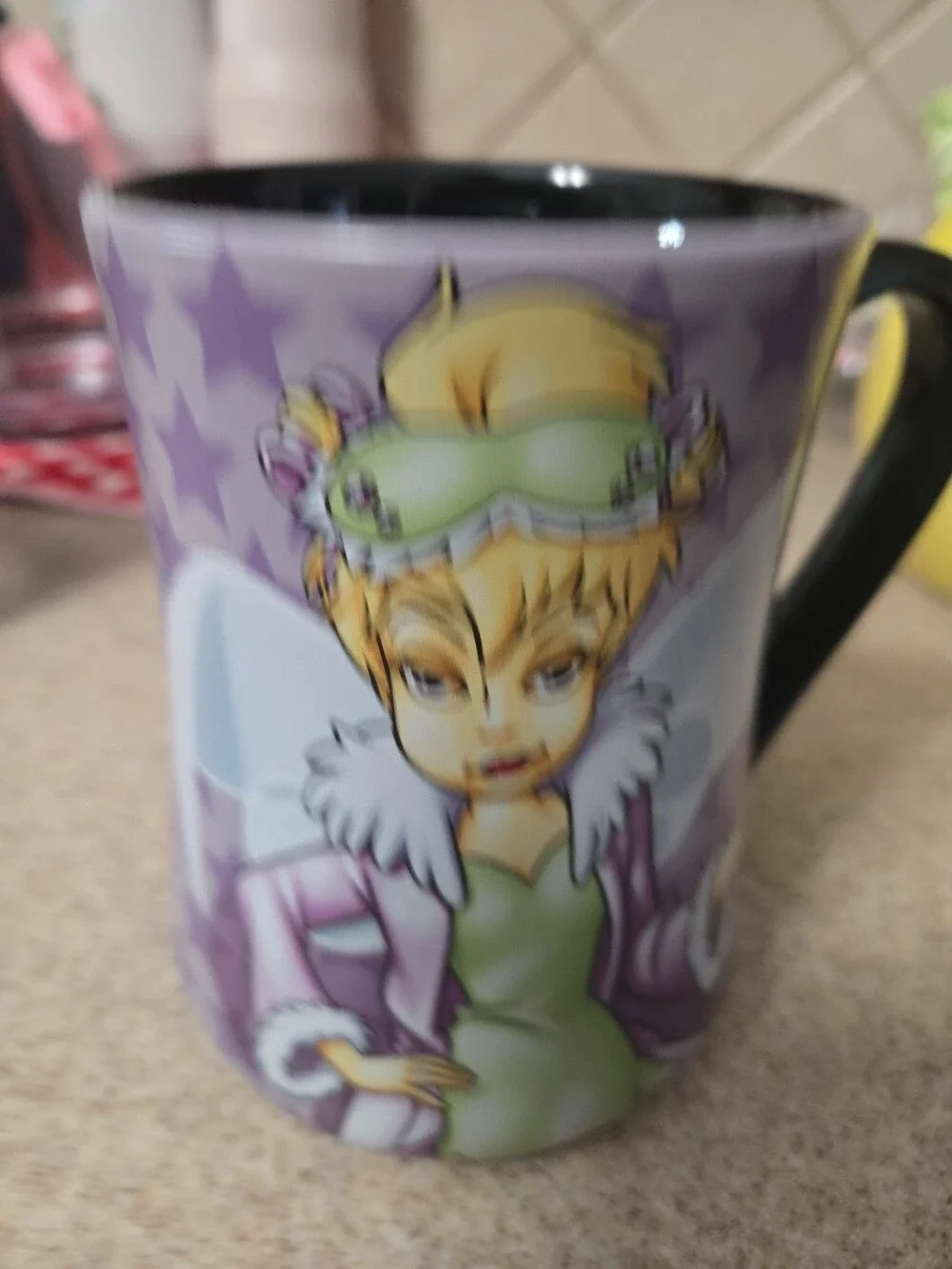 Disney Tinker Bell Mug Purple Stars Black Handle Used